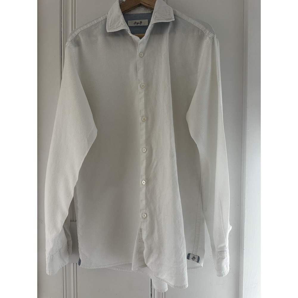Italian Waffle Knit Button Down Shirt Mens Large White Cotton Textured Casual